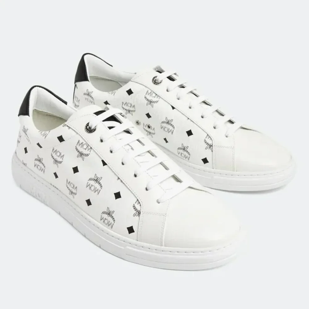 MCM Men's Terrain Derby Visetos Logo White Leather Sneakers Size 46 (MSRP $450)